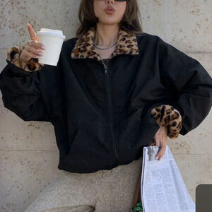 Women's Loose Fit Lapel Lined Fleece Leopard Print Jacket